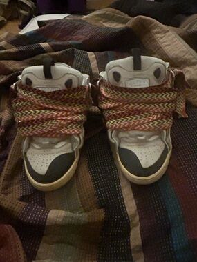 Lanvin White and Black High-Top Sneakers with Multicolor Woven Straps